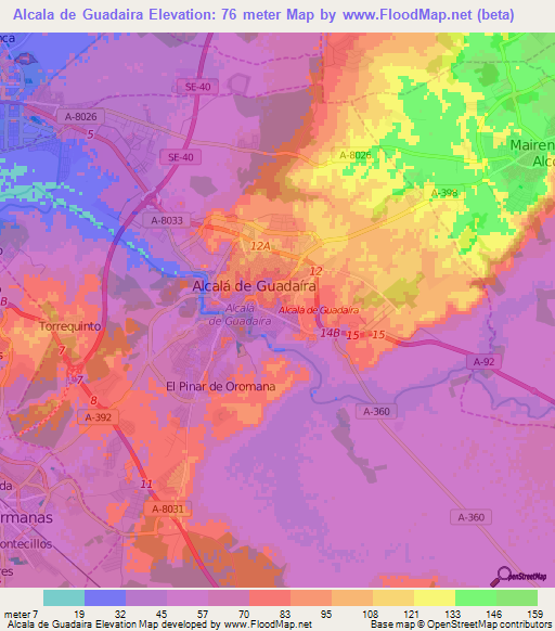 Alcala de Guadaira,Spain Elevation Map