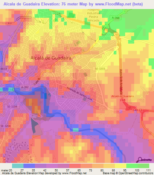 Alcala de Guadaira,Spain Elevation Map