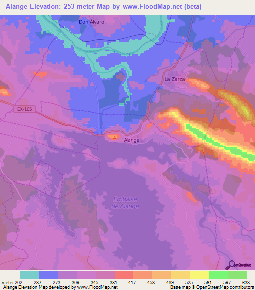 Alange,Spain Elevation Map