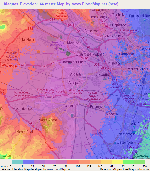 Alaquas,Spain Elevation Map