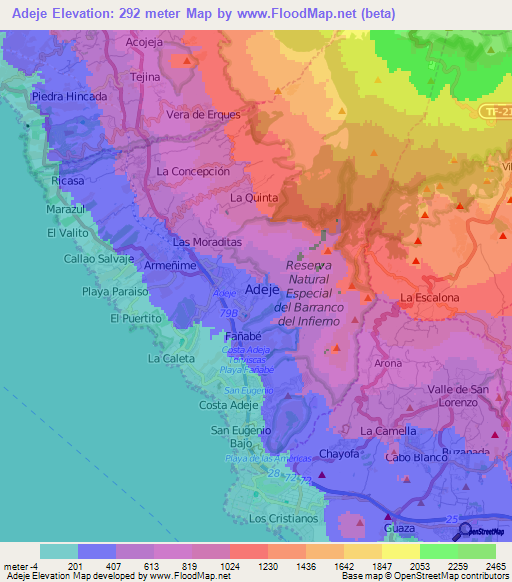 Adeje,Spain Elevation Map