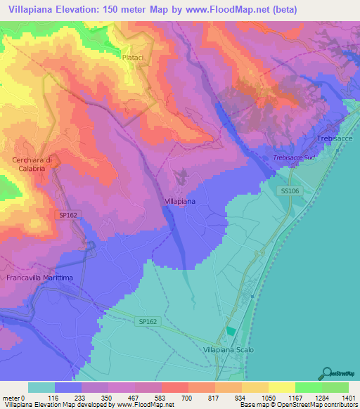 Villapiana,Italy Elevation Map