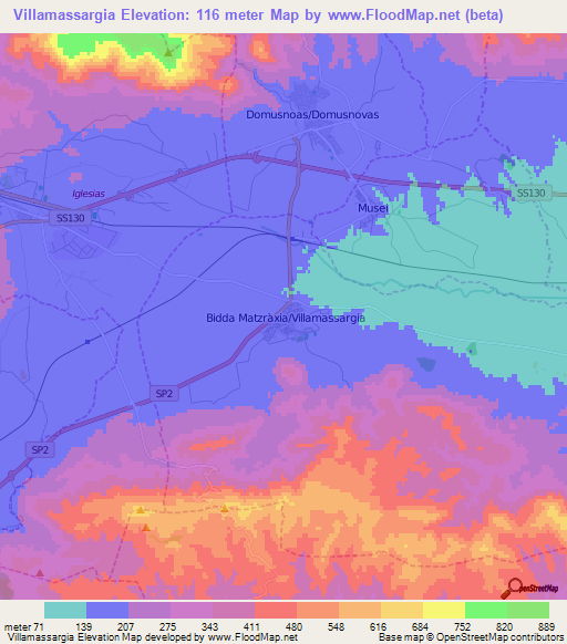 Villamassargia,Italy Elevation Map