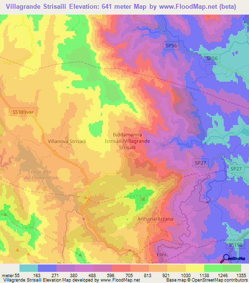 Villagrande Strisaili,Italy Elevation Map