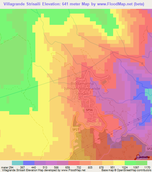 Villagrande Strisaili,Italy Elevation Map