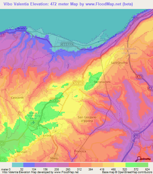 Vibo Valentia,Italy Elevation Map