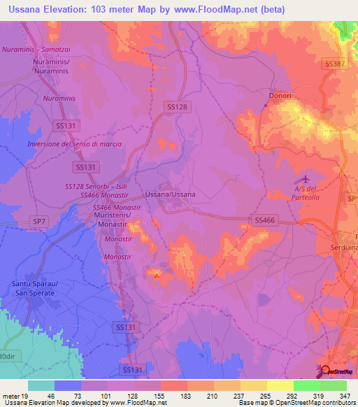 Ussana,Italy Elevation Map