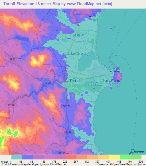 Tortoli,Italy Elevation Map