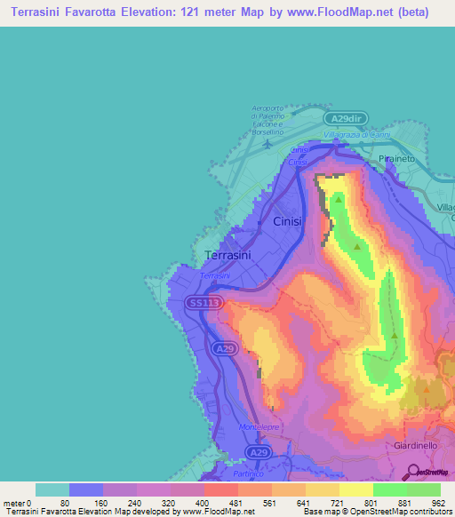 Terrasini Favarotta,Italy Elevation Map