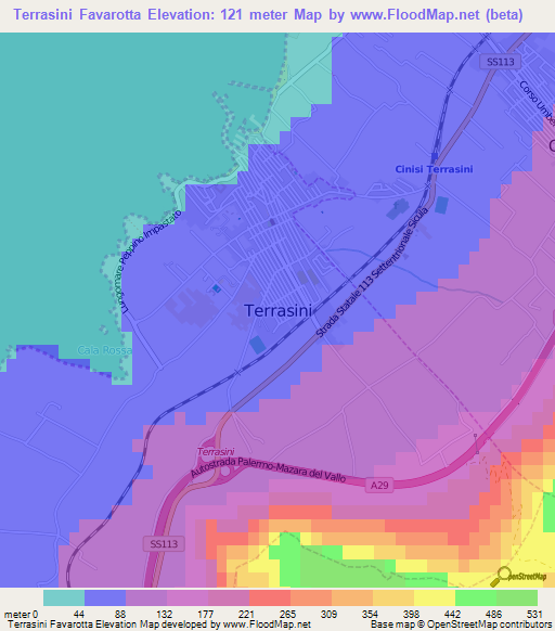 Terrasini Favarotta,Italy Elevation Map