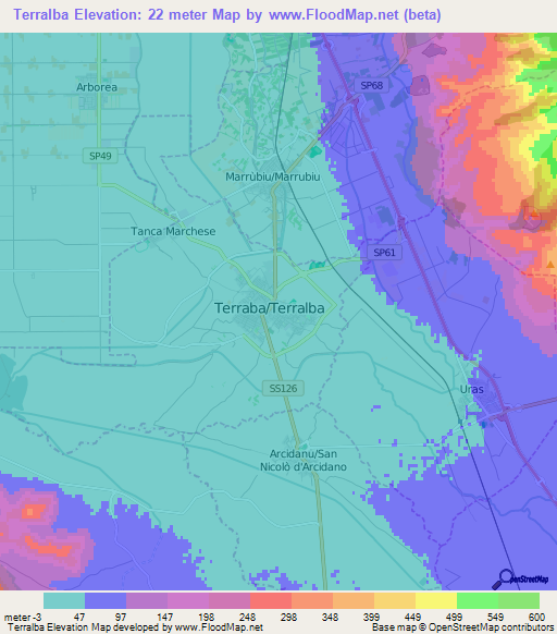 Terralba,Italy Elevation Map