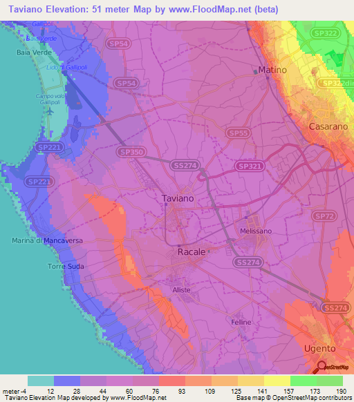 Taviano,Italy Elevation Map