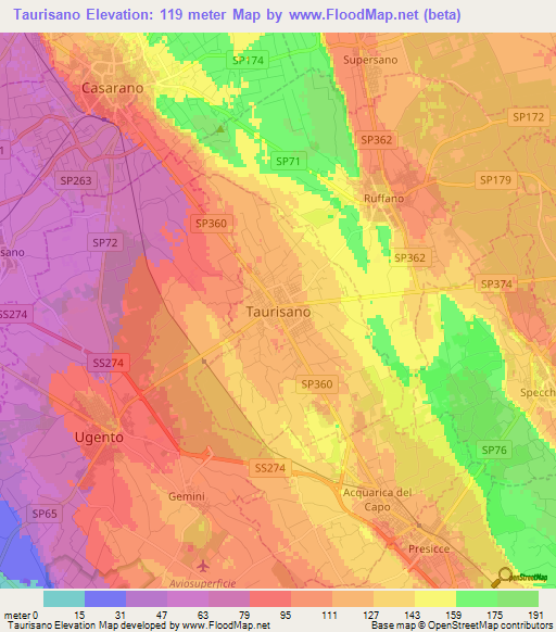 Taurisano,Italy Elevation Map