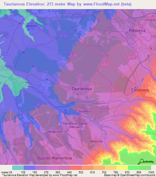 Taurianova,Italy Elevation Map