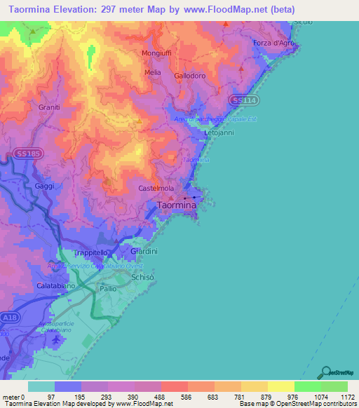 Taormina,Italy Elevation Map