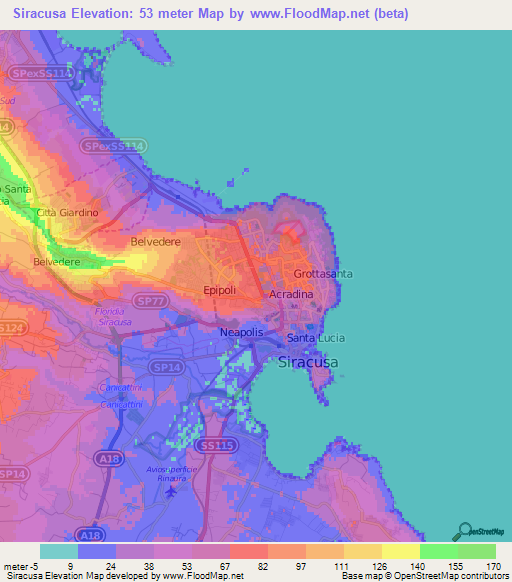 Siracusa,Italy Elevation Map