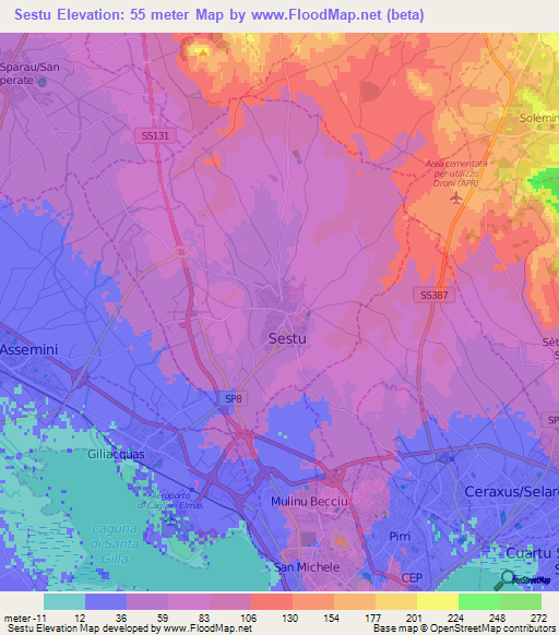 Sestu,Italy Elevation Map