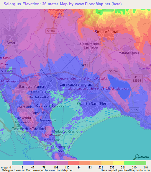 Selargius,Italy Elevation Map