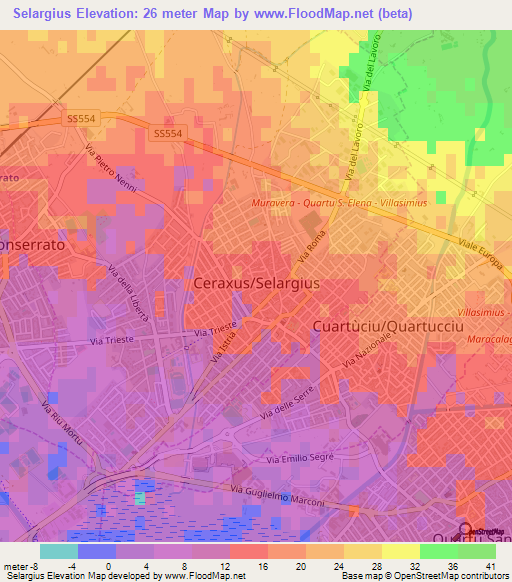Selargius,Italy Elevation Map
