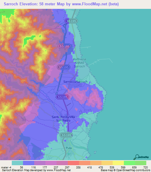 Sarroch,Italy Elevation Map