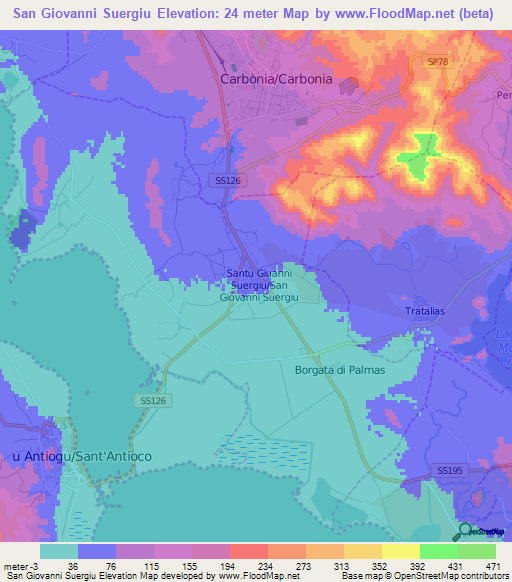 San Giovanni Suergiu,Italy Elevation Map