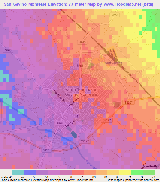 San Gavino Monreale,Italy Elevation Map