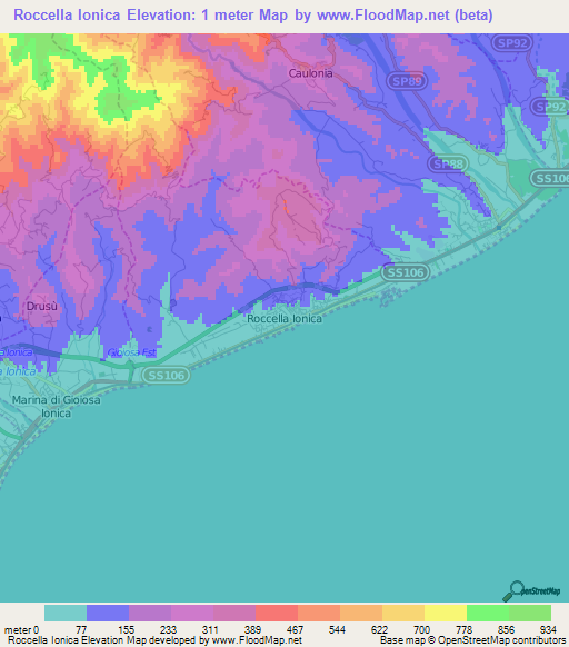 Roccella Ionica,Italy Elevation Map