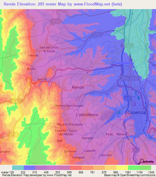 Rende,Italy Elevation Map