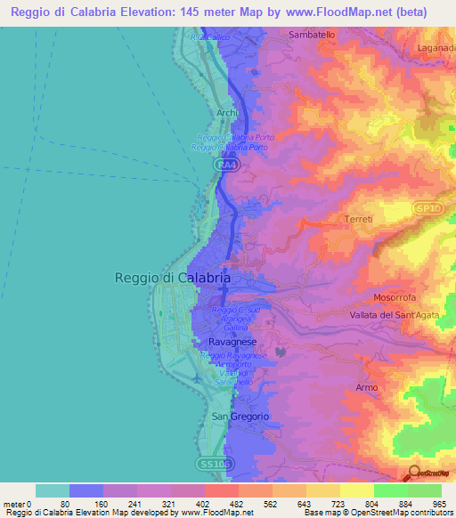 Reggio di Calabria,Italy Elevation Map