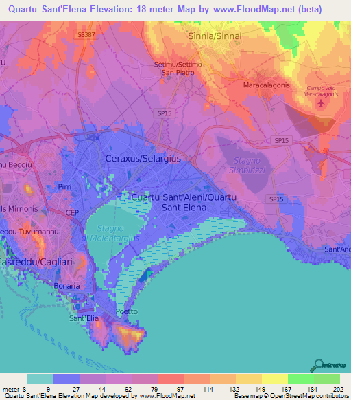 Quartu Sant'Elena,Italy Elevation Map