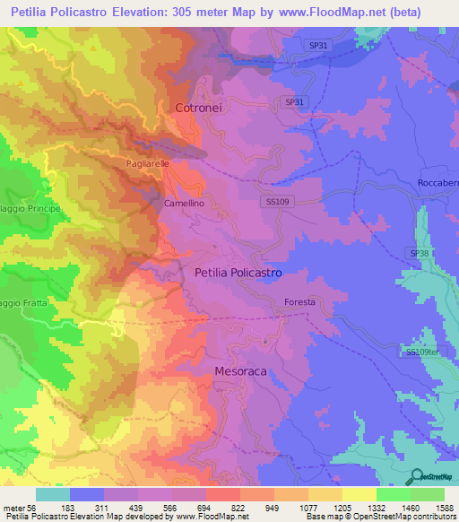 Petilia Policastro,Italy Elevation Map