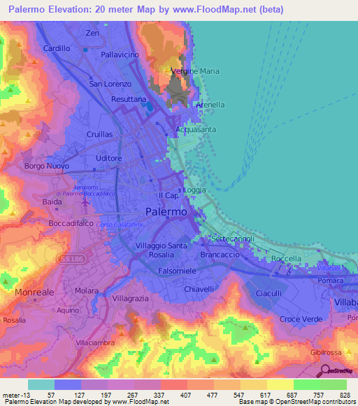 Palermo,Italy Elevation Map