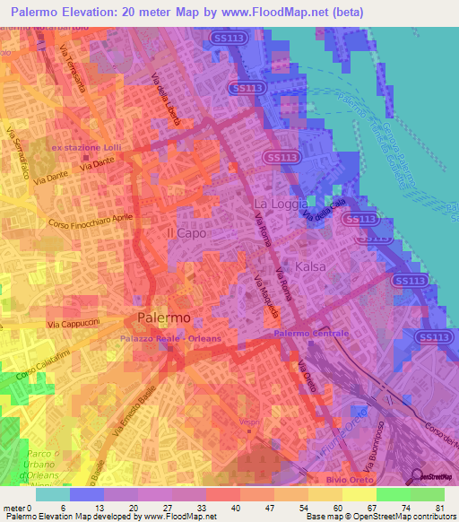 Palermo,Italy Elevation Map