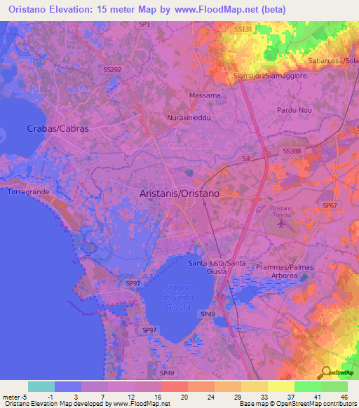 Oristano,Italy Elevation Map