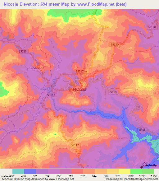 Nicosia,Italy Elevation Map