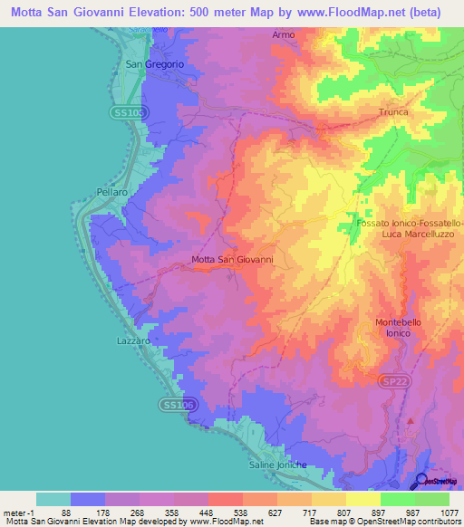 Motta San Giovanni,Italy Elevation Map