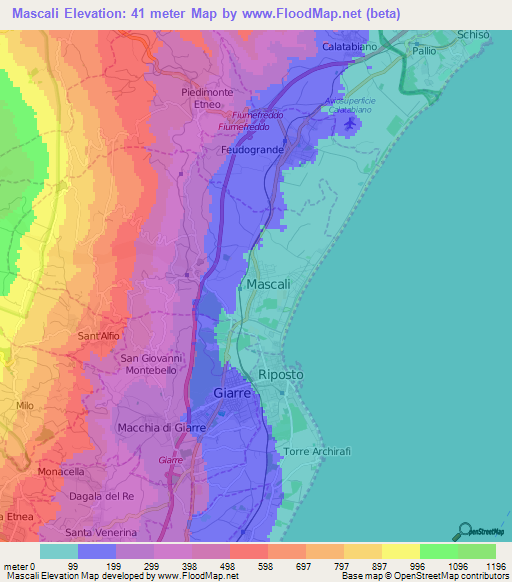 Mascali,Italy Elevation Map