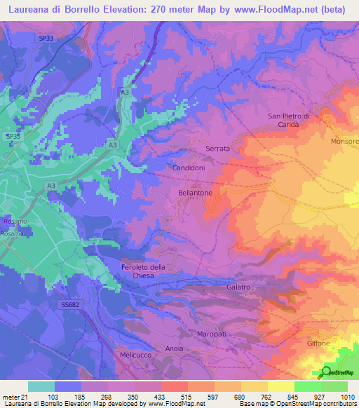 Laureana di Borrello,Italy Elevation Map