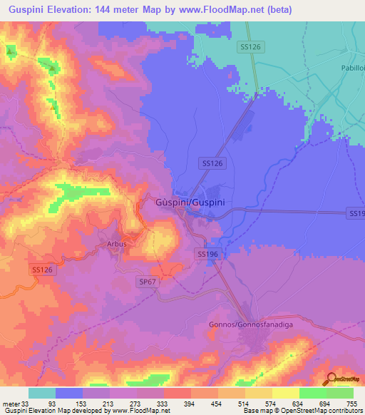 Guspini,Italy Elevation Map
