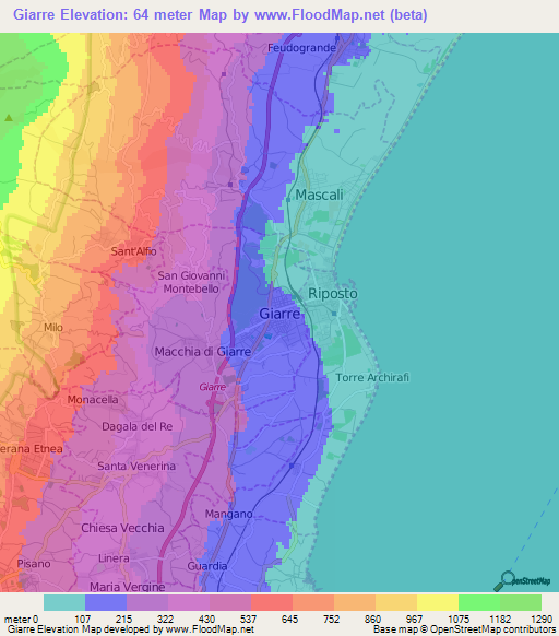 Giarre,Italy Elevation Map