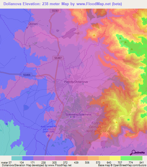 Dolianova,Italy Elevation Map
