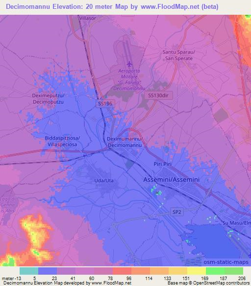 Decimomannu,Italy Elevation Map