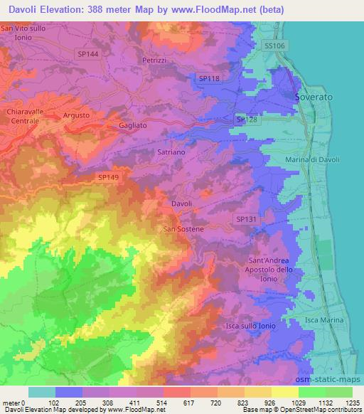 Davoli,Italy Elevation Map