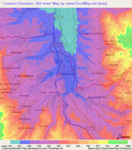 Cosenza,Italy Elevation Map