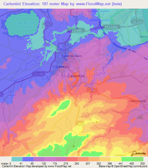 Carlentini,Italy Elevation Map