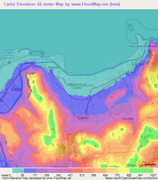 Carini,Italy Elevation Map