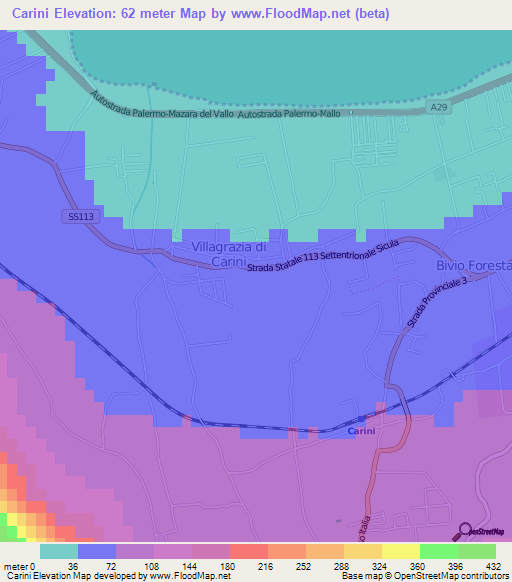 Carini,Italy Elevation Map