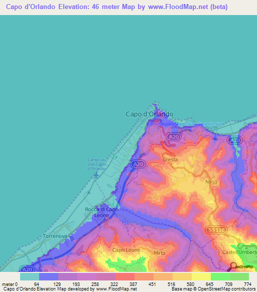 Capo d'Orlando,Italy Elevation Map