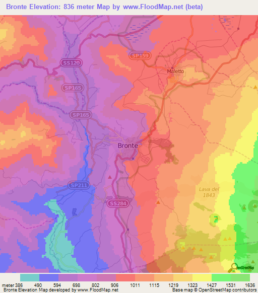 Bronte,Italy Elevation Map