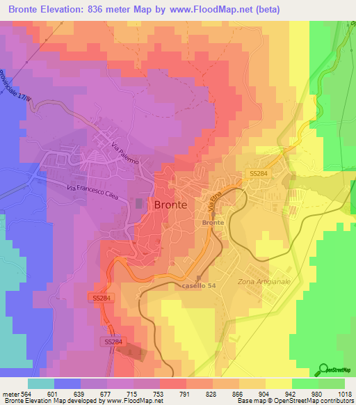 Bronte,Italy Elevation Map